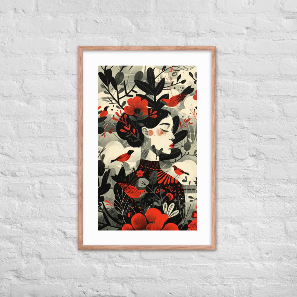 A framed illustration of a woman and nature on a white brick wall.