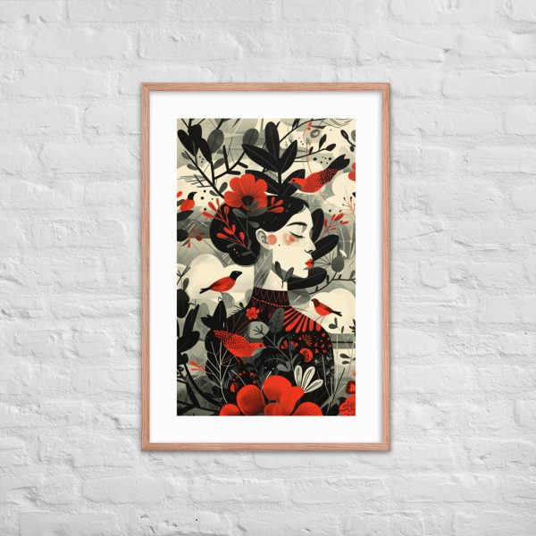 A framed illustration of a woman and nature on a white brick wall.
