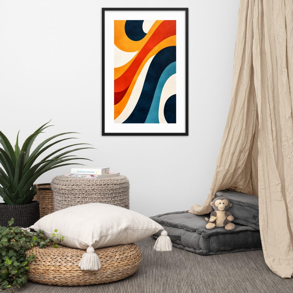A framed abstract artwork with wavy colorful lines hangs in a cozy room.
