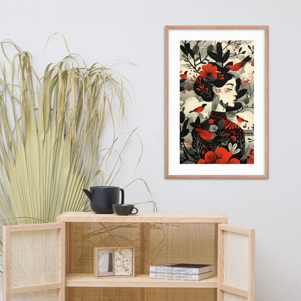 Framed botanical artwork above natural wood cabinet with plants and teapot.