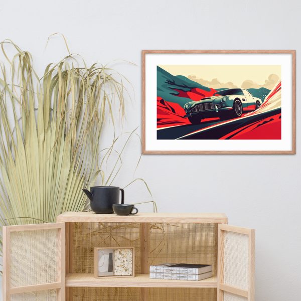 A framed abstract car artwork above a woven cabinet with a teapot set and plants.