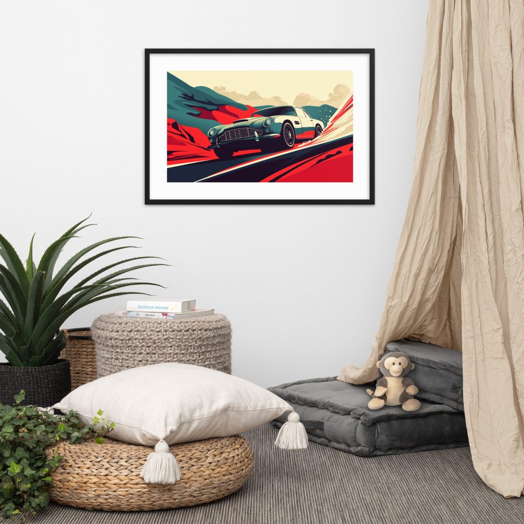 Retro artwork of a car in a cozy living space.