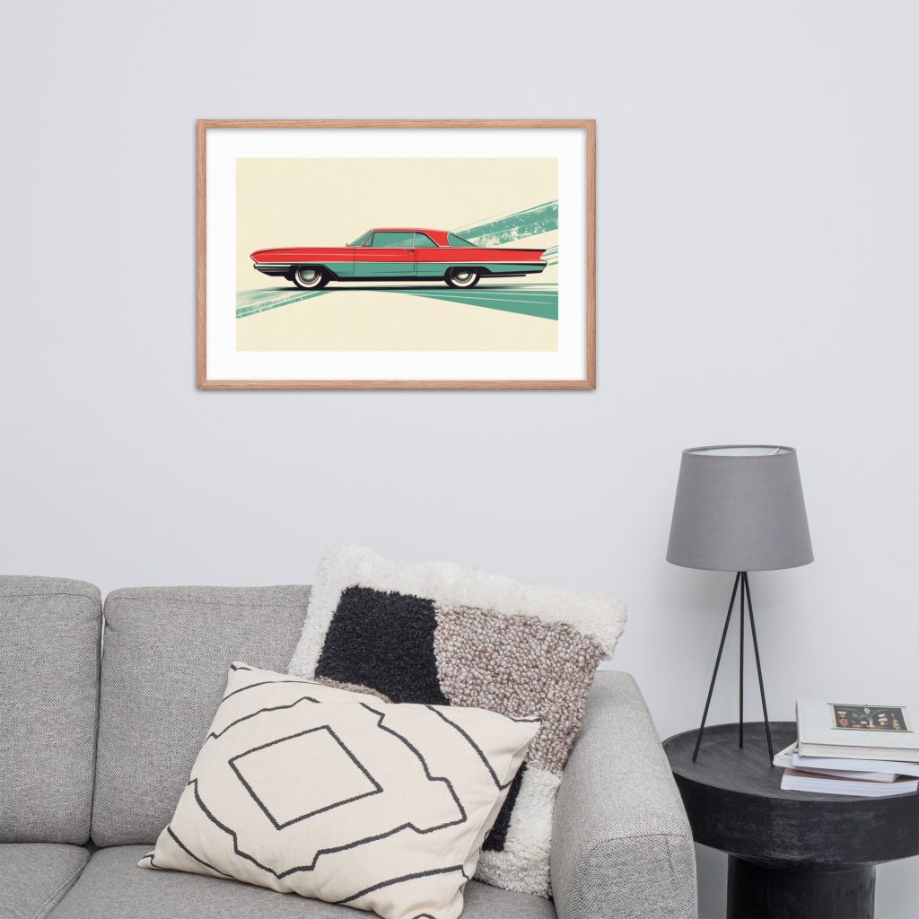 Framed car artwork above grey sofa with pillows and side table with lamp.