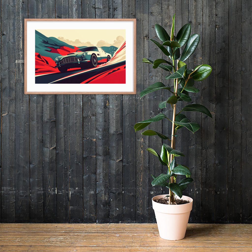 A framed car artwork on a dark wooden wall with a tall potted plant.