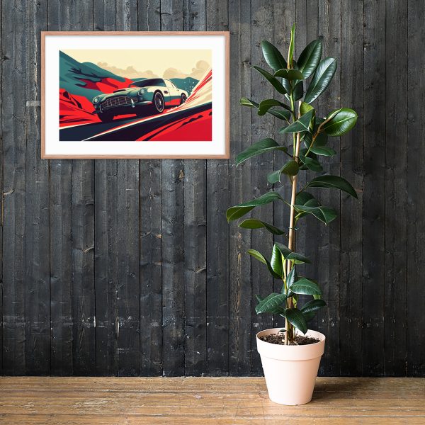 A framed car artwork on a dark wooden wall with a tall potted plant.
