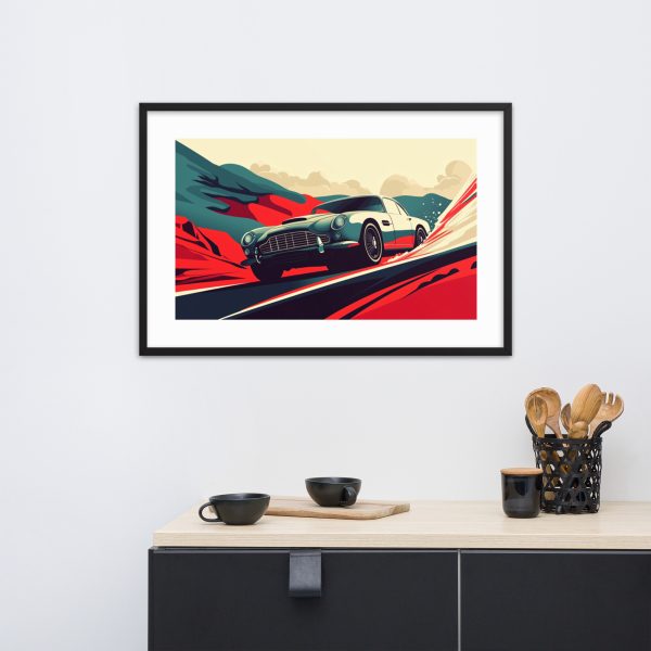 Framed car illustration above wooden cabinet with utensils and dishes.