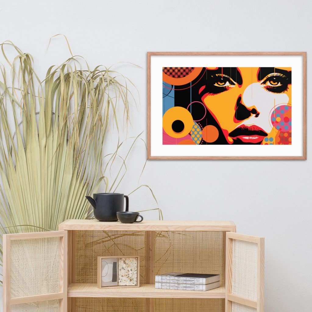 Framed contemporary artwork above minimalist cabinet