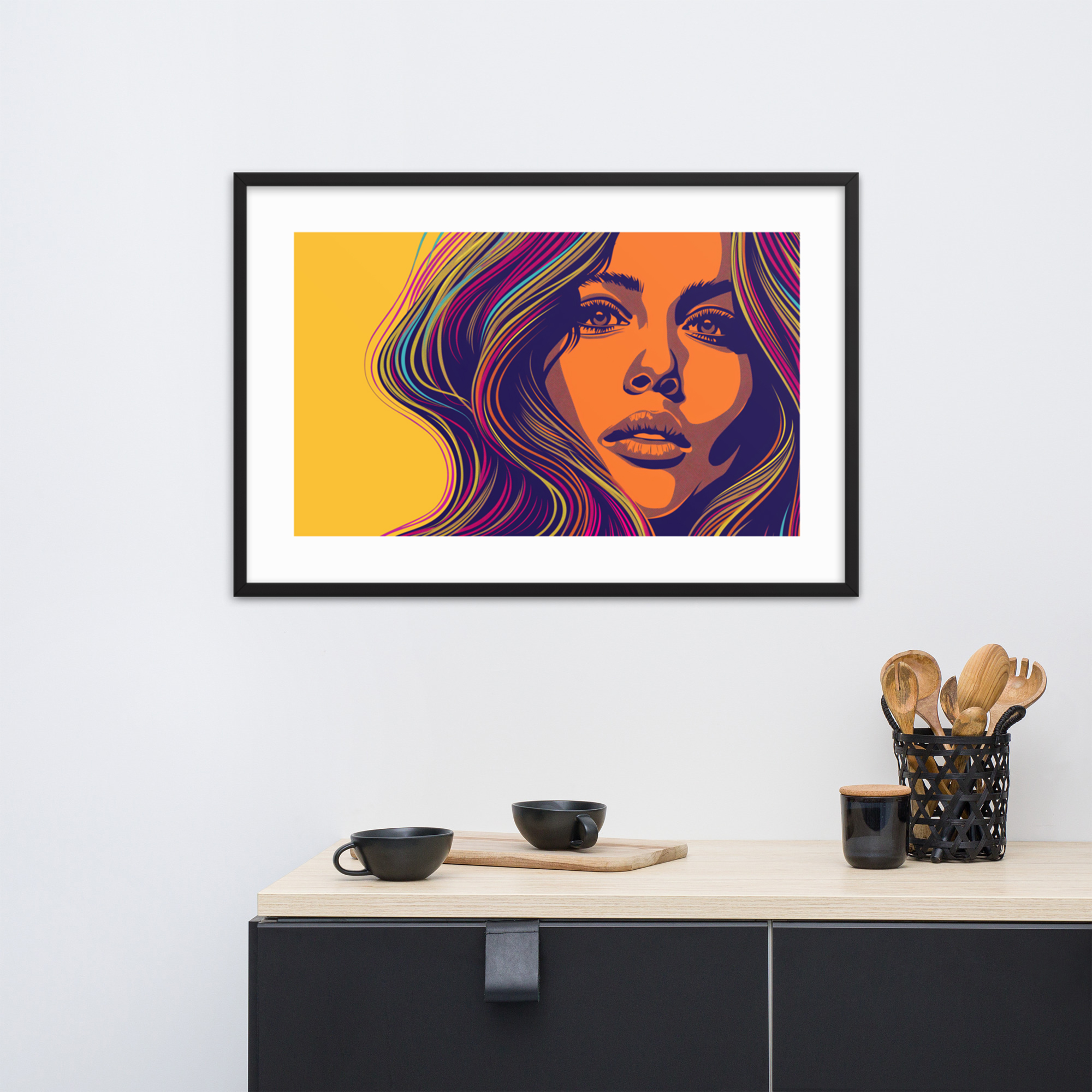 Framed colorful portrait of a woman with flowing hair in a modern kitchen setting.