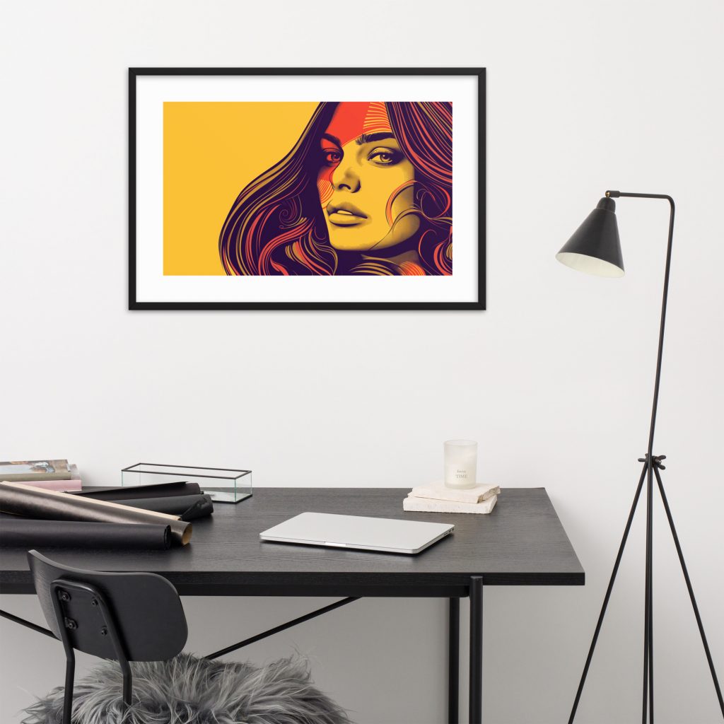 Framed portrait of woman with long wavy hair in modern workspace.