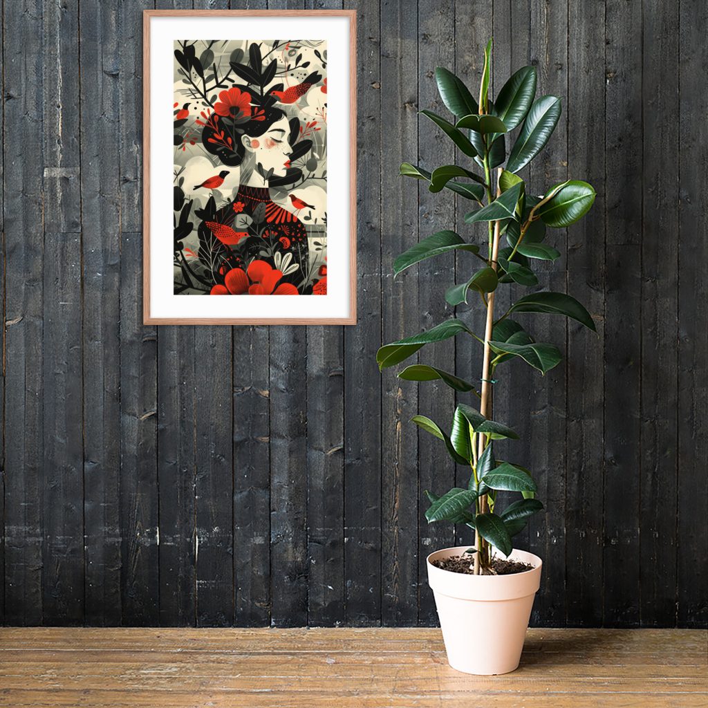 Framed floral artwork with a potted plant on a wooden floor.
