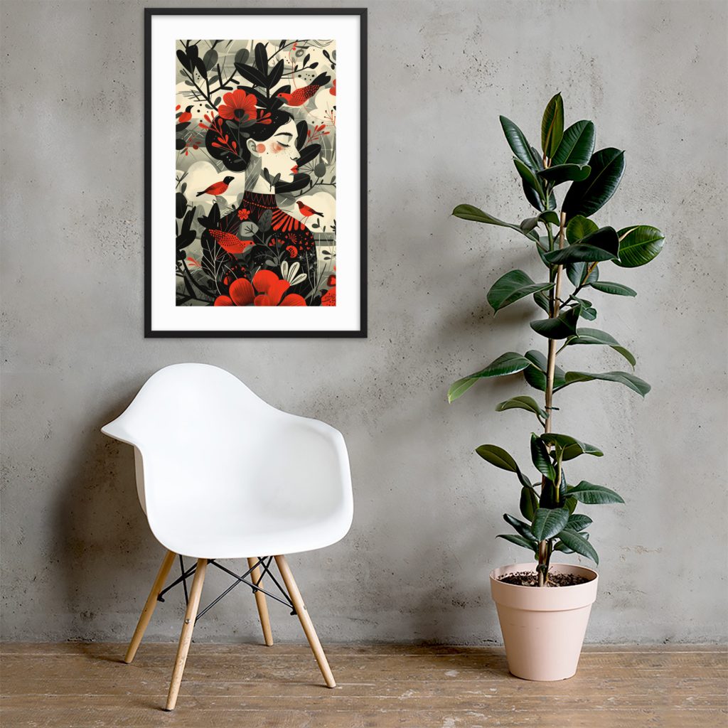 Framed floral artwork, white chair, and potted plant.