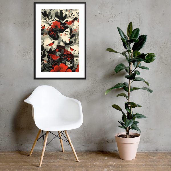 Framed floral artwork, white chair, and potted plant.