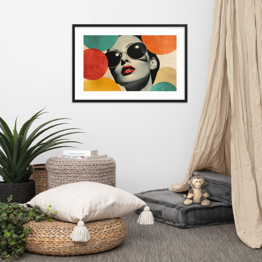 Framed colorful portrait above cozy seating area with cushions and plant