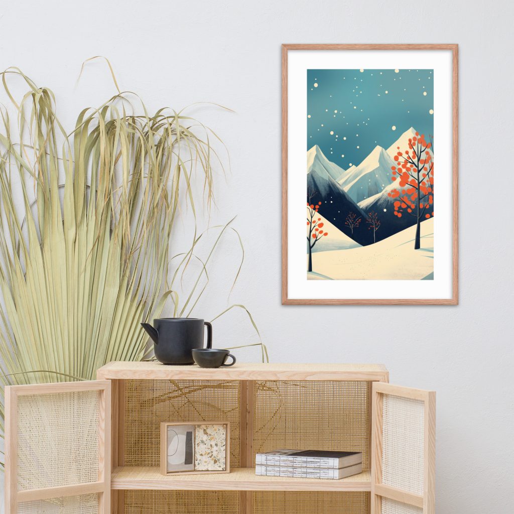 A cozy room with a framed mountain artwork, plant, and wooden furniture