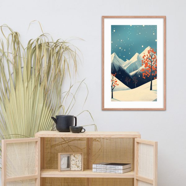 A cozy room with a framed mountain artwork, plant, and wooden furniture