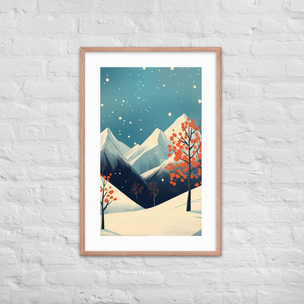 Framed mountain landscape artwork on white brick wall