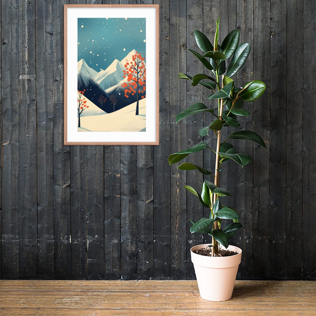 Artwork of snowy mountains and a potted plant