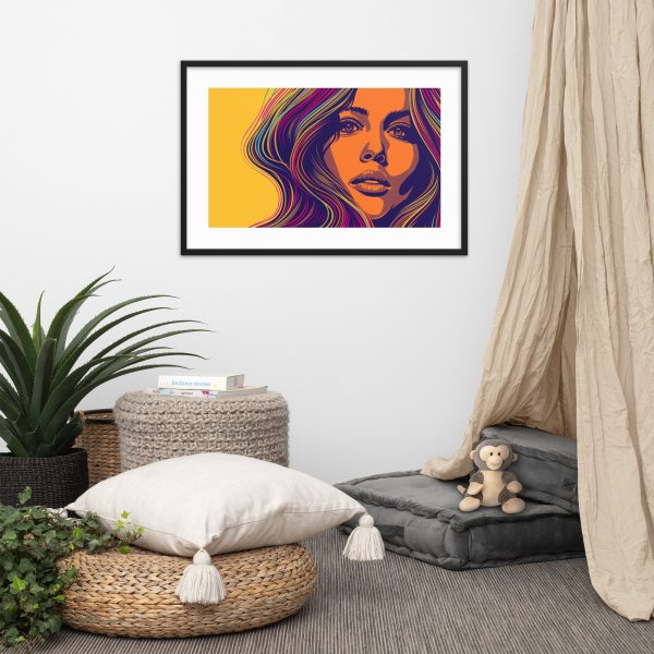 A framed pop art portrait of a woman with colorful, wavy hair hangs on a wall above a cozy corner with cushions and plants.