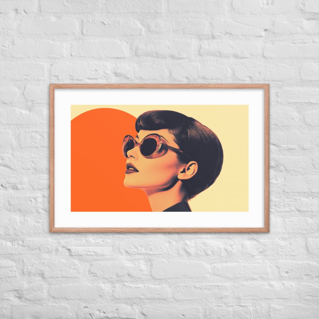 A framed pop art portrait of a woman wearing sunglasses against a white brick wall.