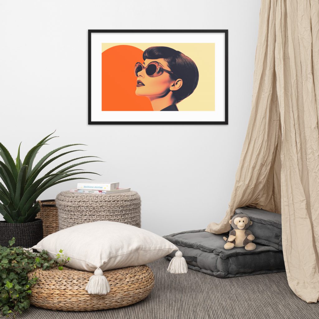 Framed colorful portrait above cozy, bohemian seating area with pillows, plants, and a teddy bear.
