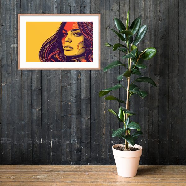 A framed portrait with bold colors hangs on a dark wooden wall beside a potted plant.