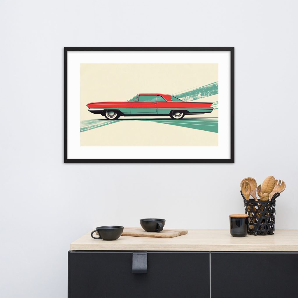 Framed vintage car artwork above stand with kitchen utensils.