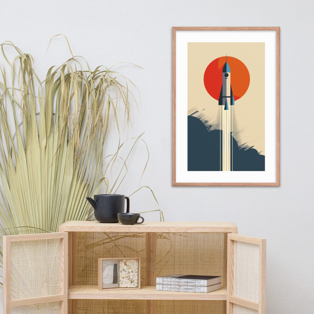 A framed rocket artwork hangs above a wooden sideboard holding a teapot and cup set.