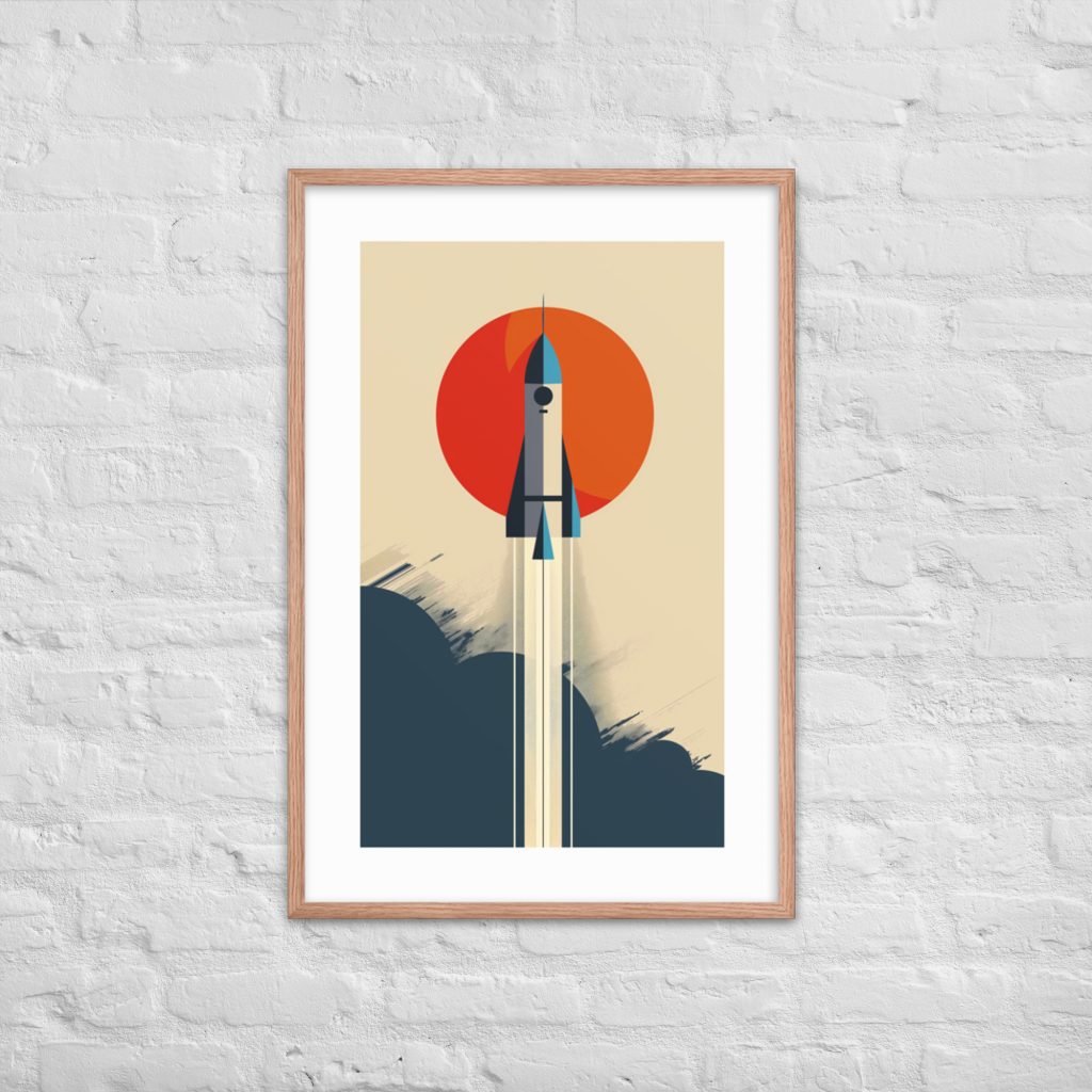 Framed rocket artwork on white brick wall, featuring an orange and blue motif.