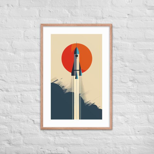 Framed rocket artwork on white brick wall, featuring an orange and blue motif.