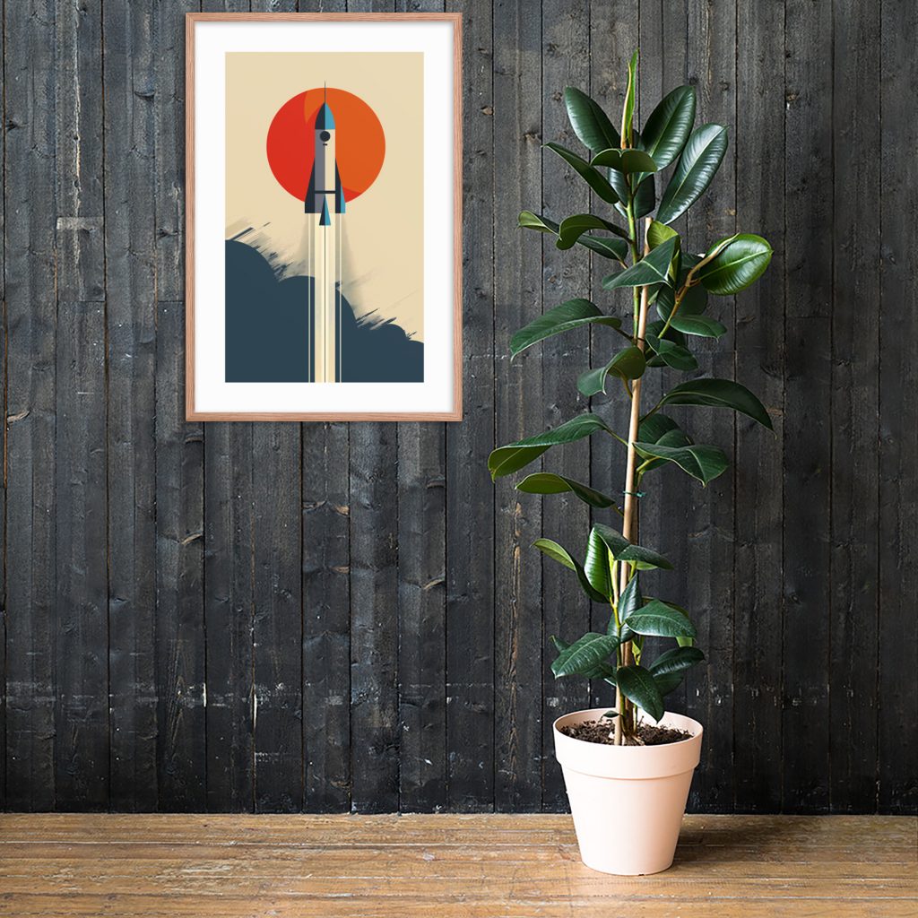A framed rocket artwork on a dark wooden wall beside a potted plant.