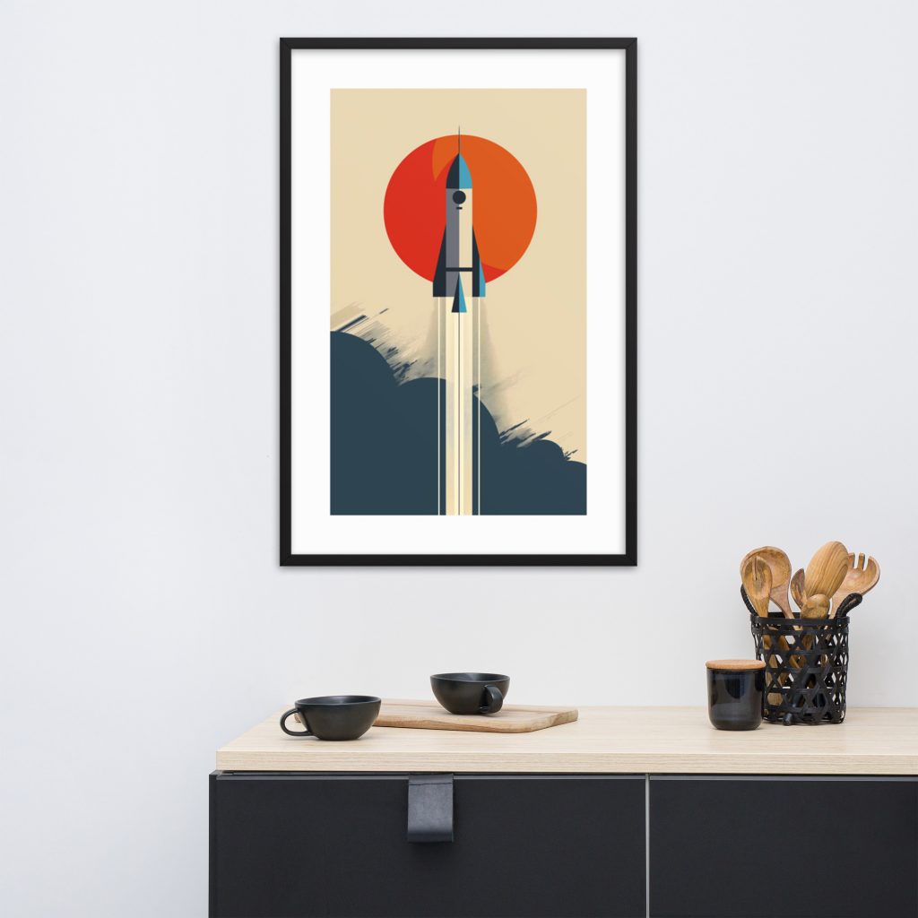 A framed rocket ship illustration on a minimalistic shelf with kitchen utensils.