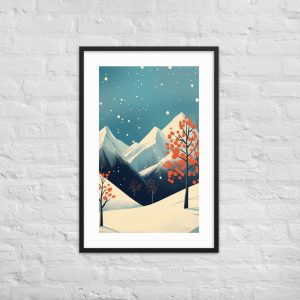 Illustration of a snowy mountain landscape with trees on a white brick wall