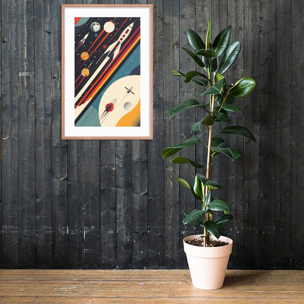 A tall potted plant with dark green leaves stands beside framed space-themed artwork on a dark wood-paneled wall.