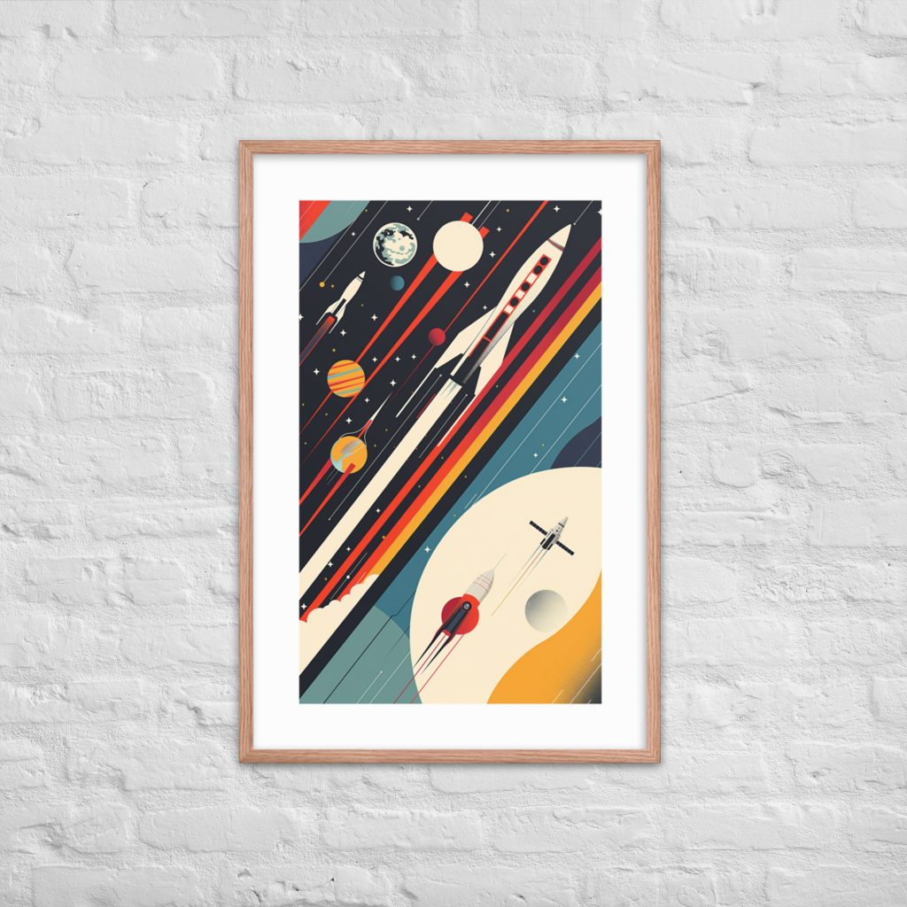 Framed space-themed artwork against a white brick wall.
