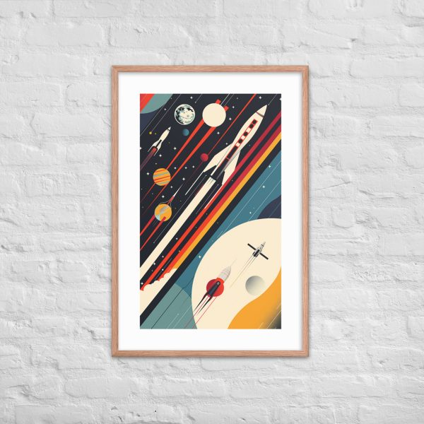 Framed space-themed artwork against a white brick wall.