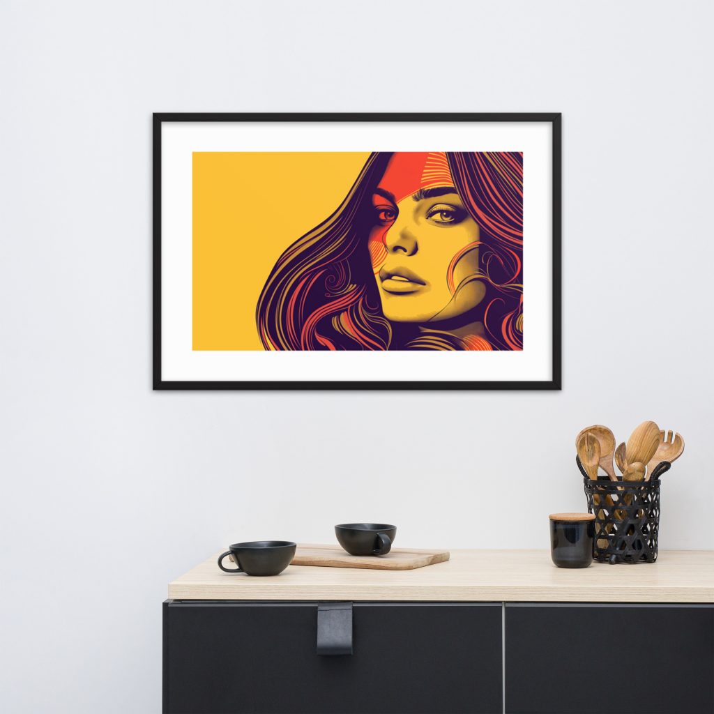 Framed colorful portrait of a woman hanging on a white wall above a kitchen counter.