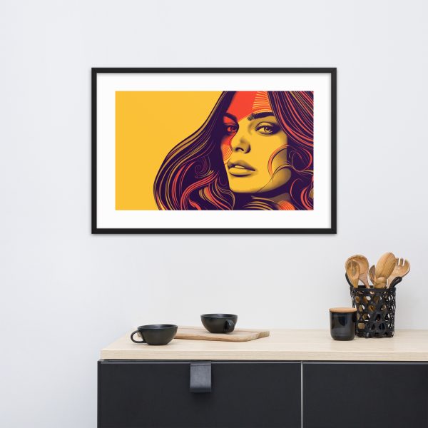 Framed colorful portrait of a woman hanging on a white wall above a kitchen counter.