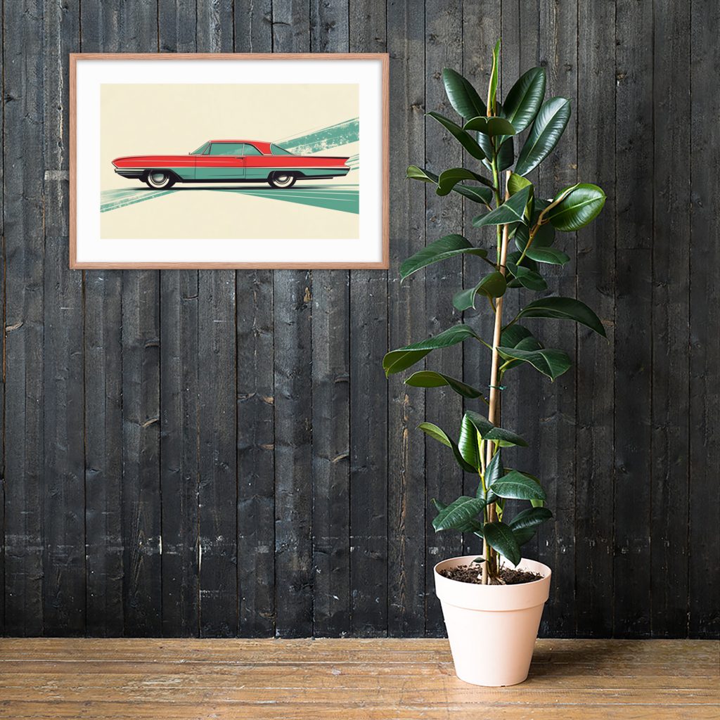 Framed vintage car artwork above green potted plant