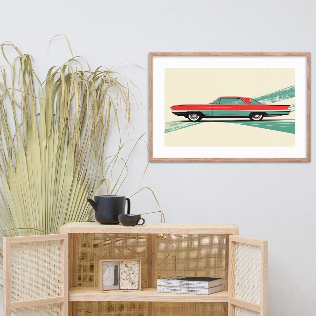 Framed vintage car artwork above a wooden cabinet with reed doors