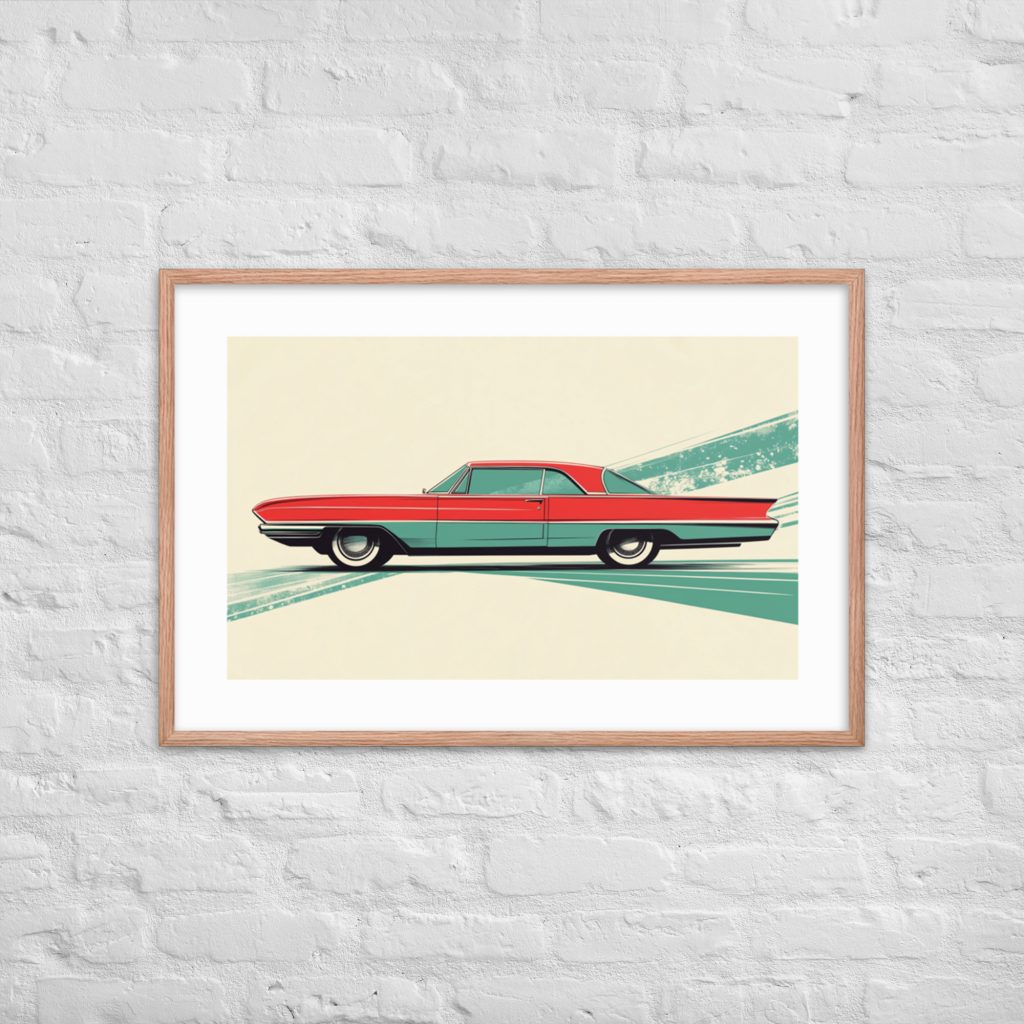Framed vintage car artwork on white brick wall