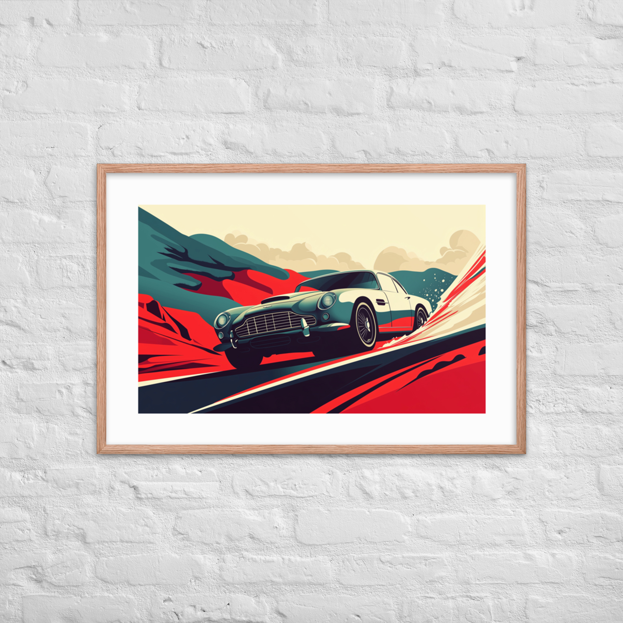 Framed artwork of a car on a road with mountains in the background.