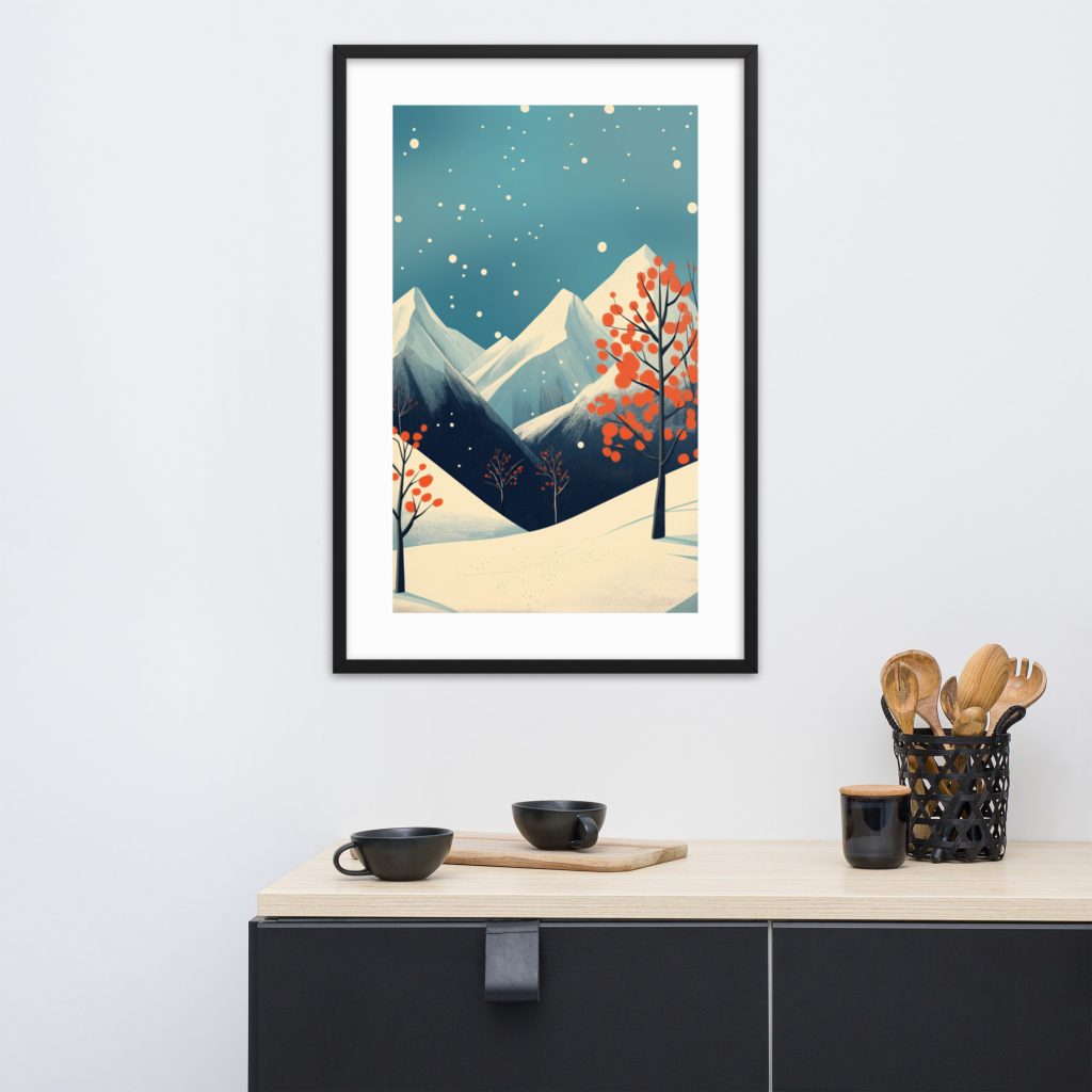 A framed winter landscape artwork hanging on a wall above a black cabinet.