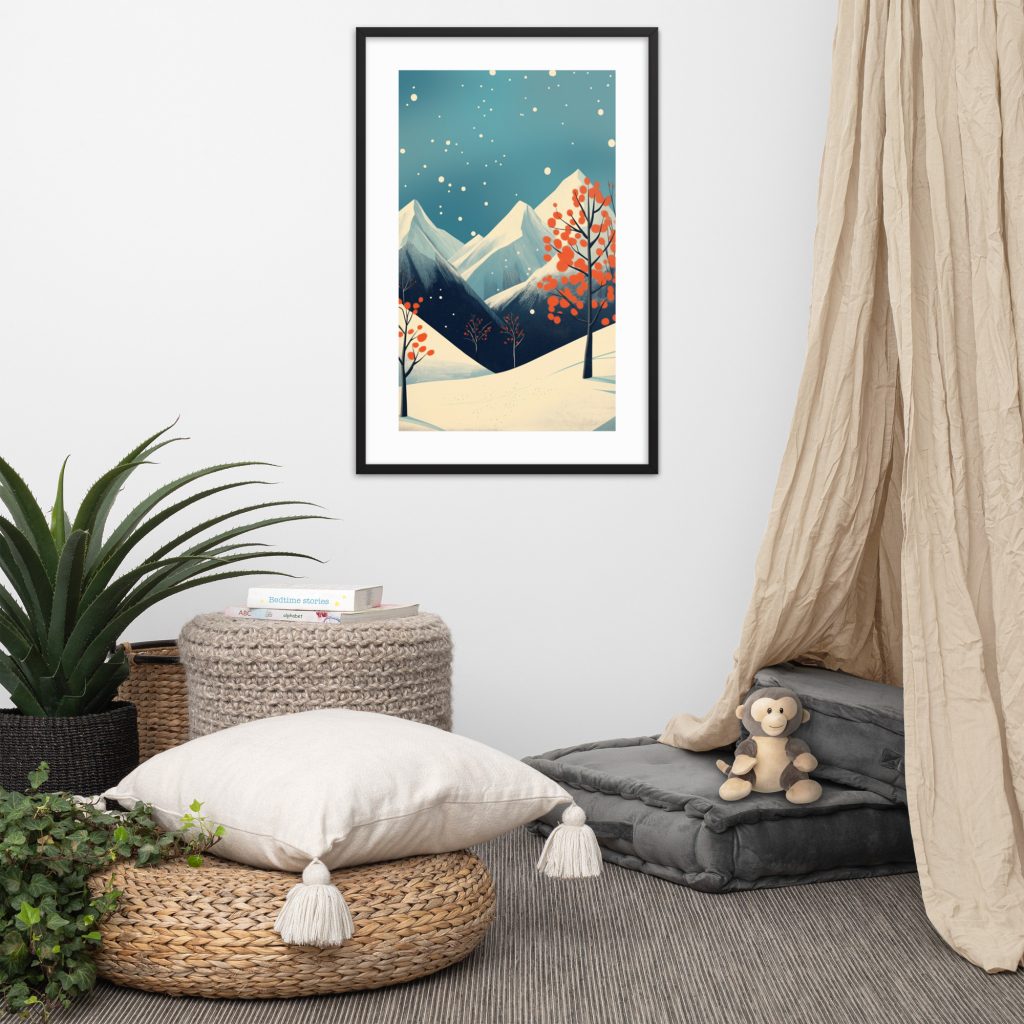 Cozy reading nook with a winter landscape artwork