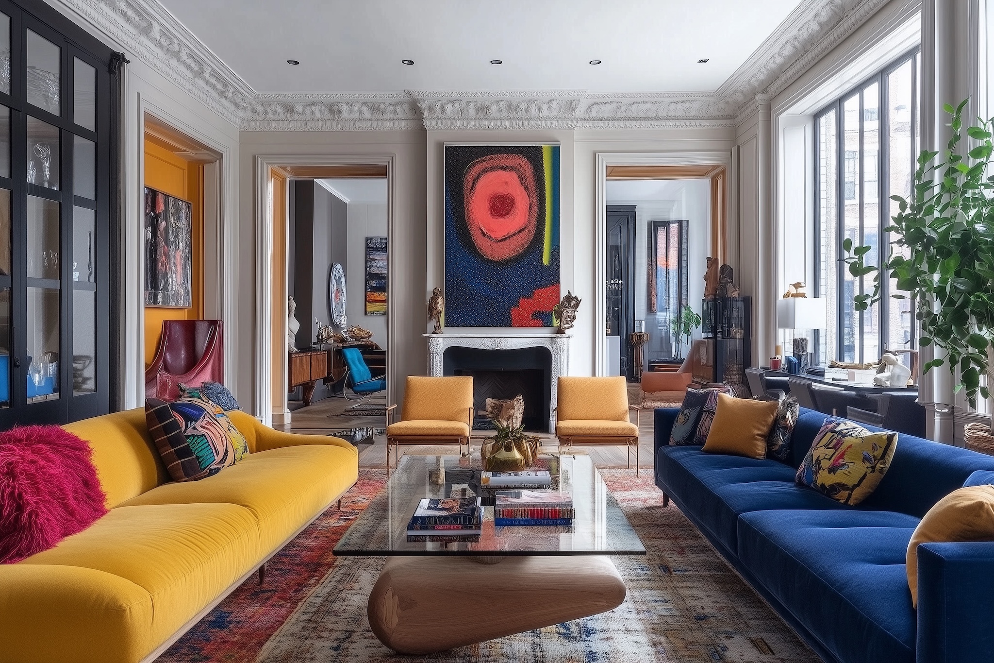 Colorful, eclectic living room with a vibrant abstract painting and contemporary furniture.