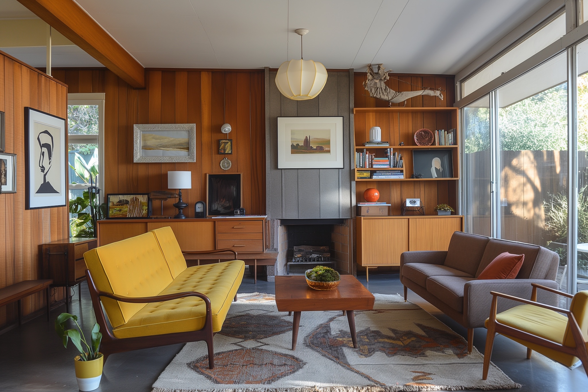 Modern living room with mid-century furniture, plants, and wall art.