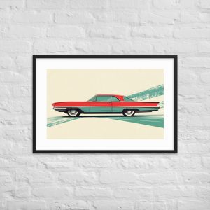 Framed artwork of a vintage red car on a white brick wall