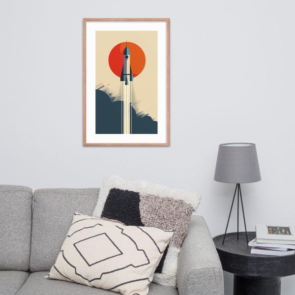 Mid-century style rocket artwork in a modern living room.