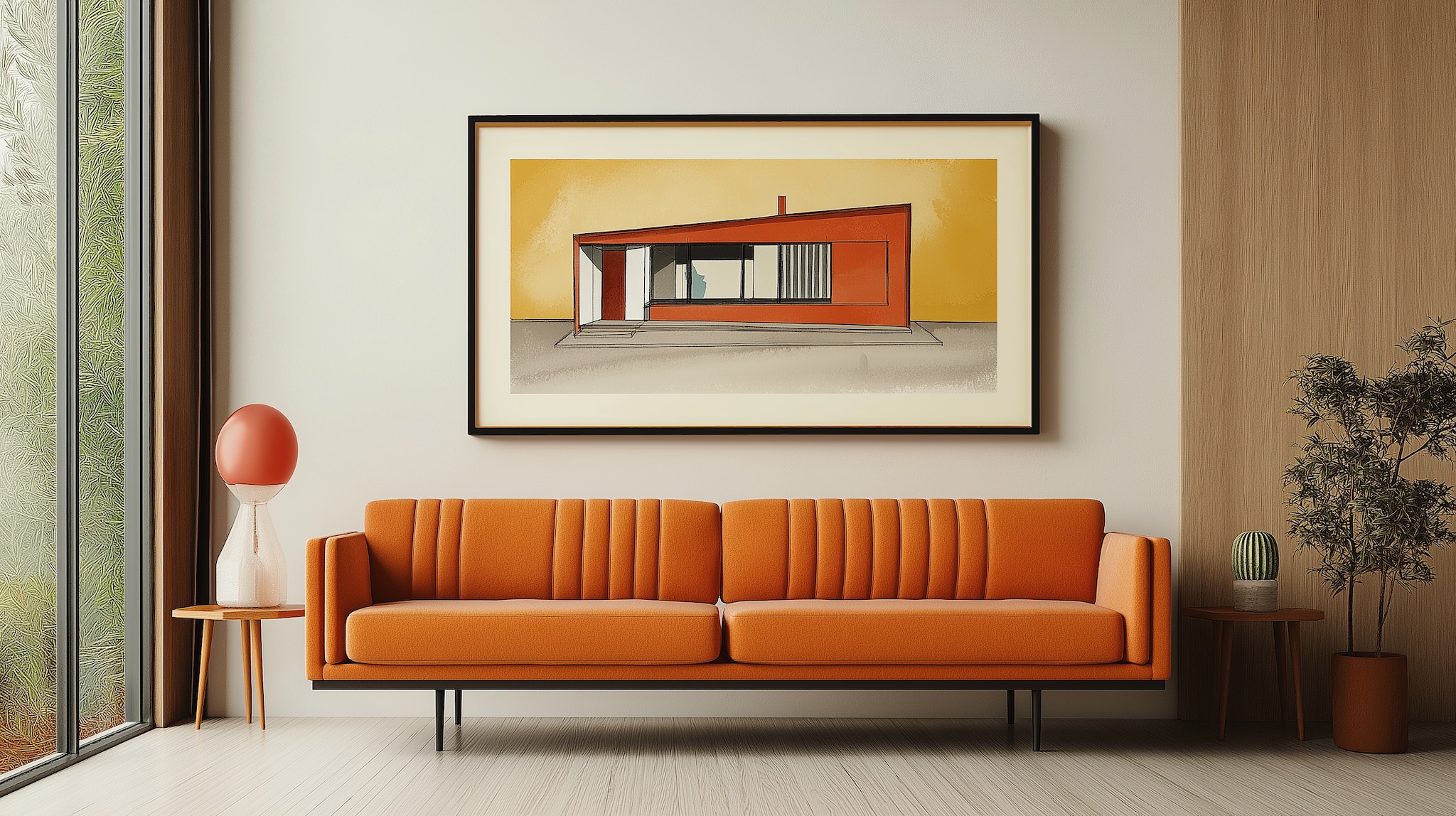 A modern living room with an orange couch and a large window.