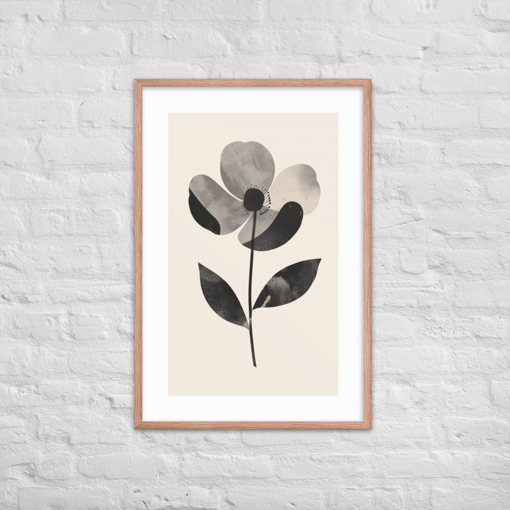 Minimalist flower artwork framed on a white brick wall
