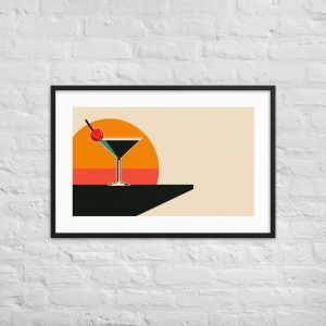 Minimalist artwork of a martini glass with an olive against a sunset.